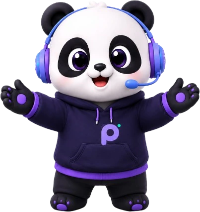 Panda AI Helper memakai headset dengan pose menyambut